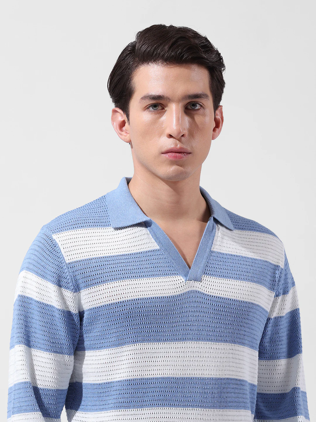 Men's Blue Slim Fit Striped Flat Knit Polo Neck T-Shirt - Image 6