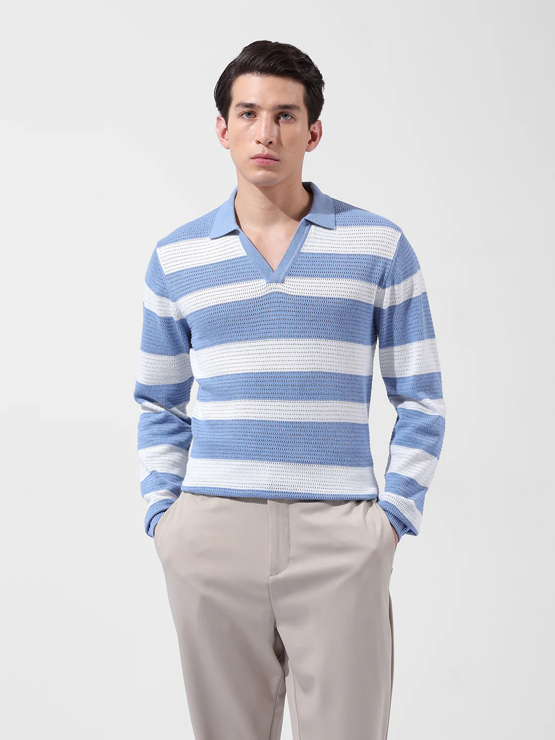 Men's Blue Slim Fit Striped Flat Knit Polo Neck T-Shirt - Image 7