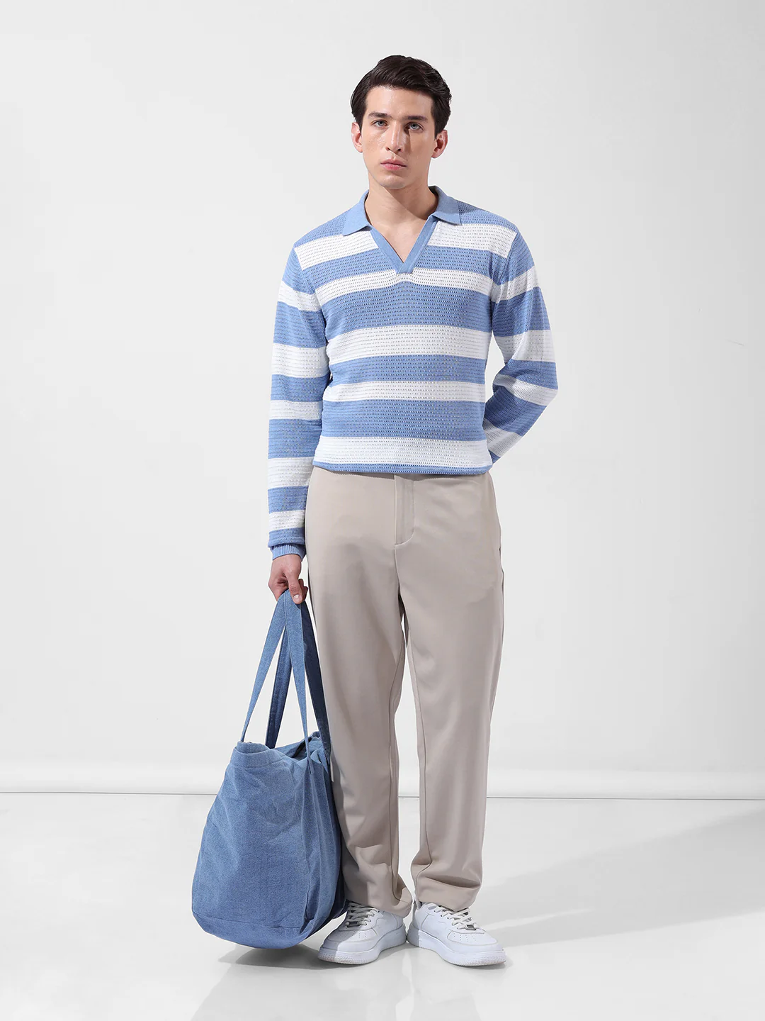 Men's Blue Slim Fit Striped Flat Knit Polo Neck T-Shirt - Image 8