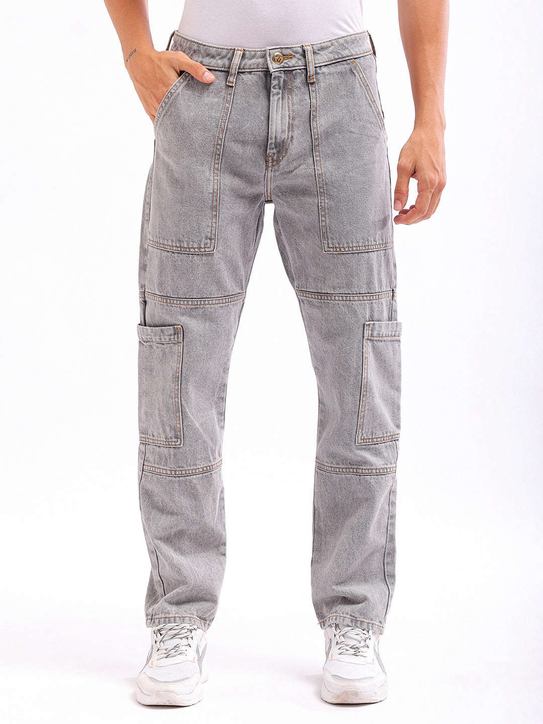 Men's Grey Dad Fit Solid Utility Jeans - Image 2
