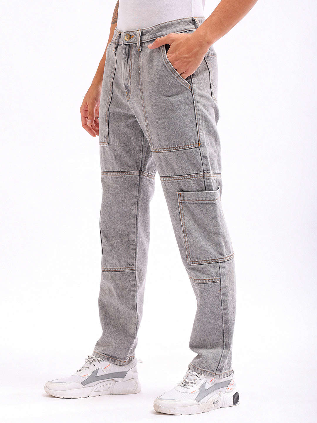 Men's Grey Dad Fit Solid Utility Jeans - Image 3