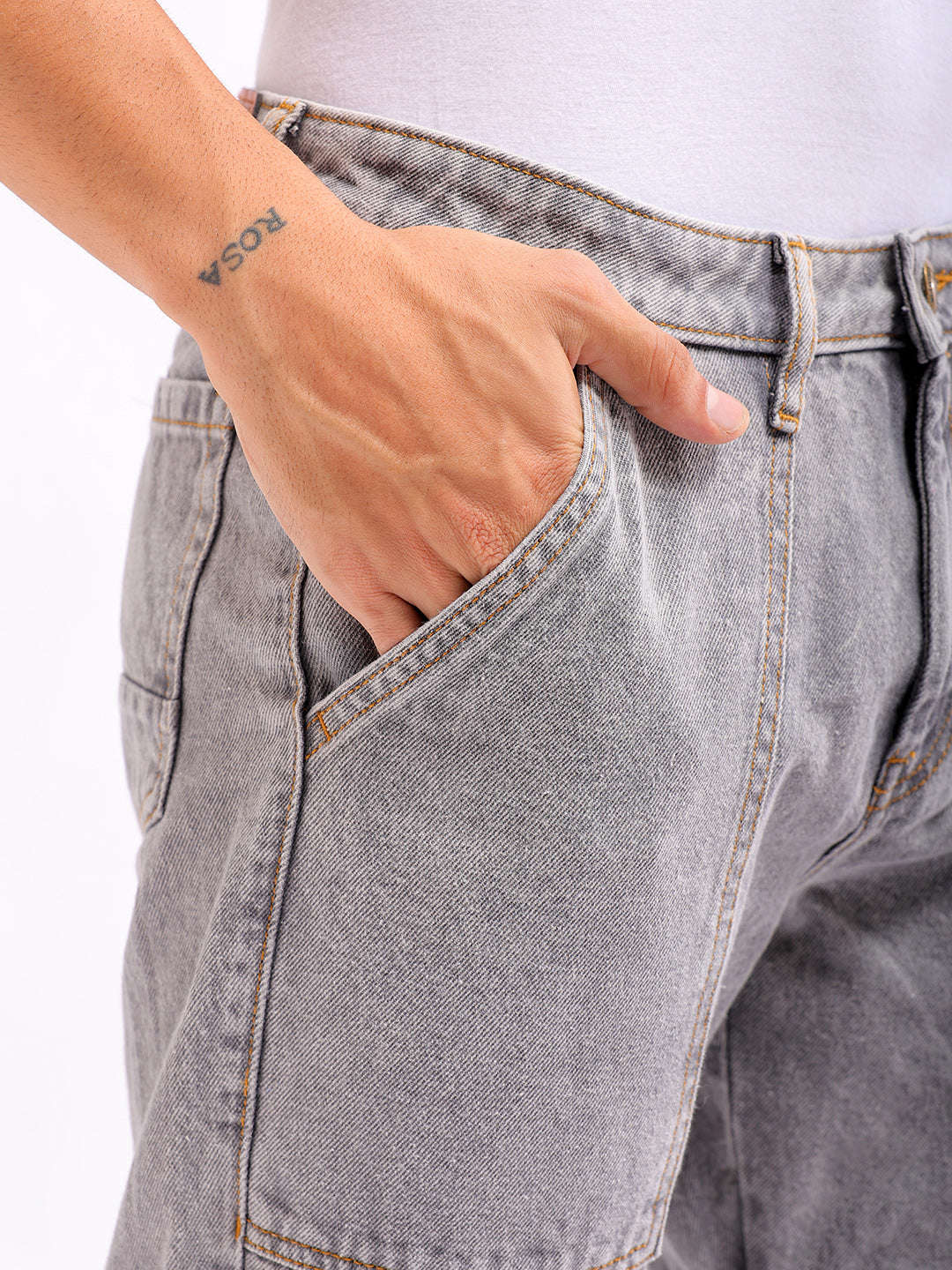 Men's Grey Dad Fit Solid Utility Jeans - Image 6