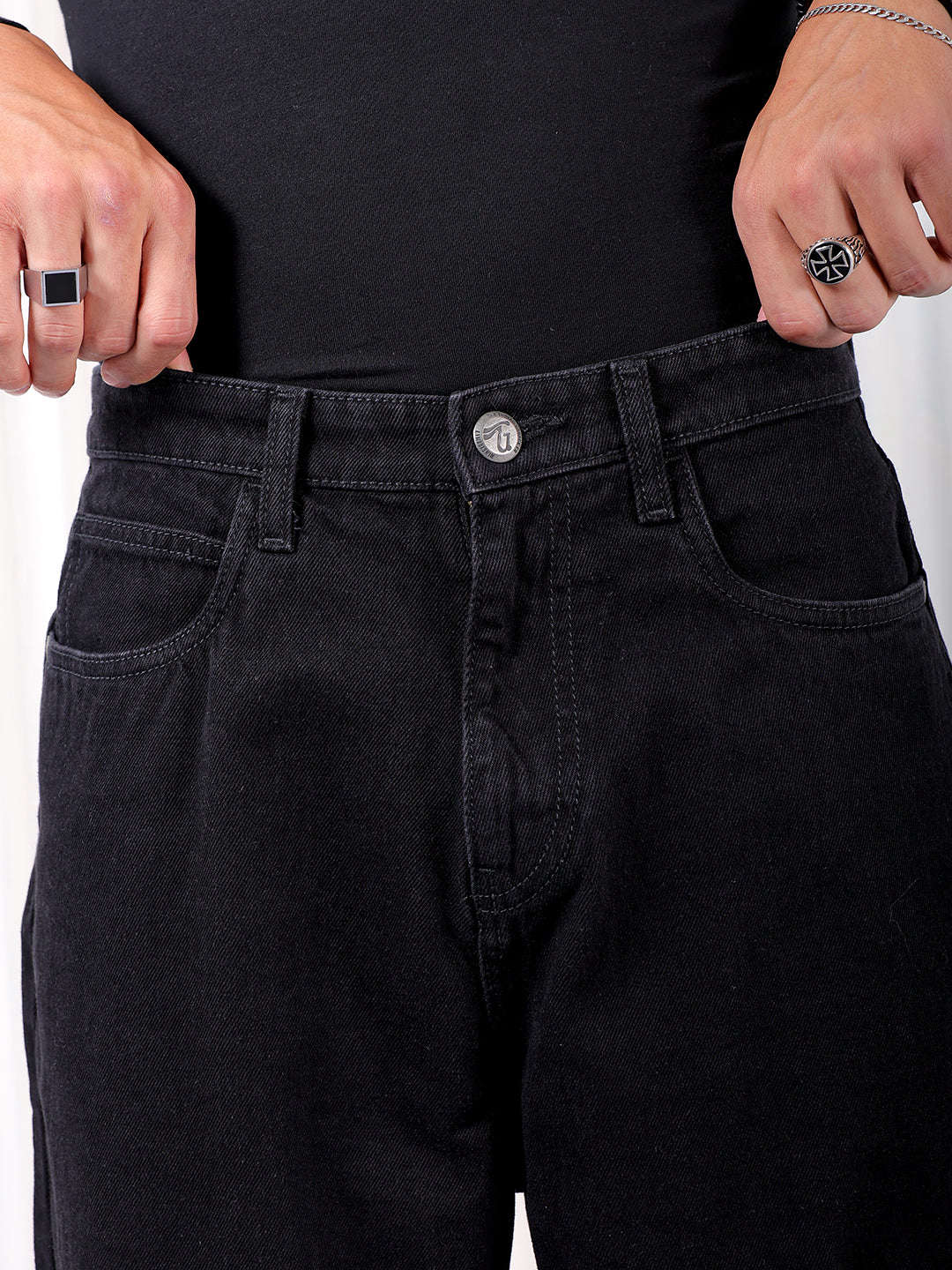 Men's Black Loose Fit Solid Street Wear Jeans - Image 4