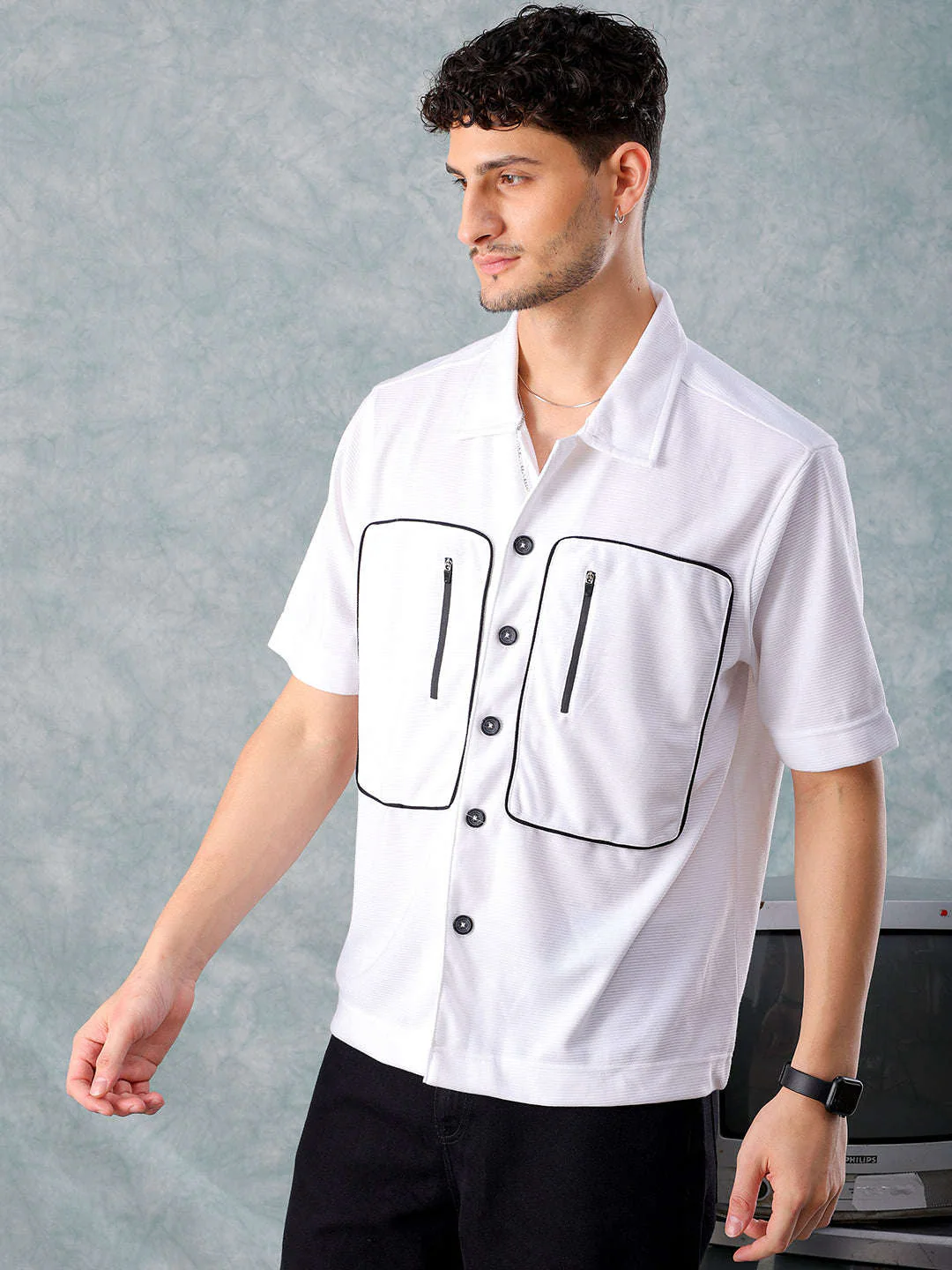 Men's White Boxy Fit Solid Street Wear Shirt - Image 5