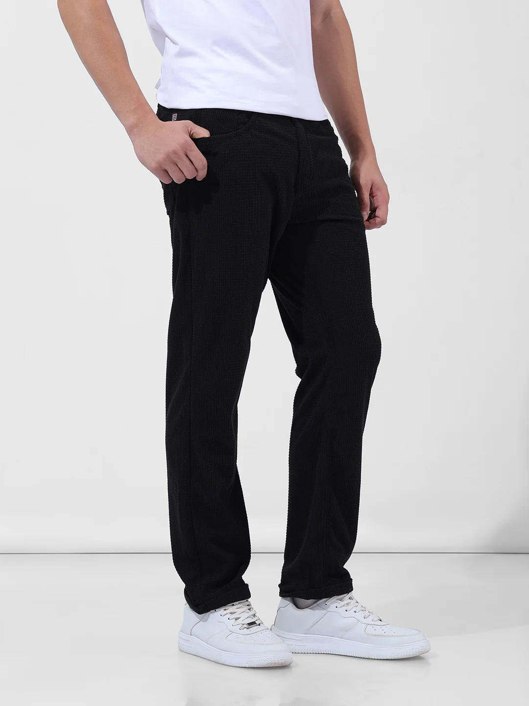 Men's Black Straight Fit Textured Casual Trouser - Image 3