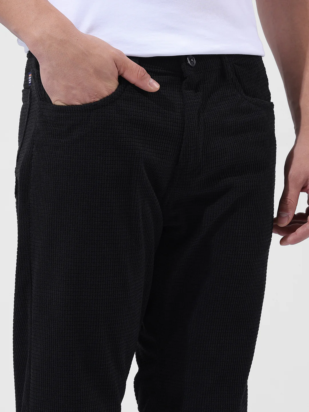 Men's Black Straight Fit Textured Casual Trouser - Image 5