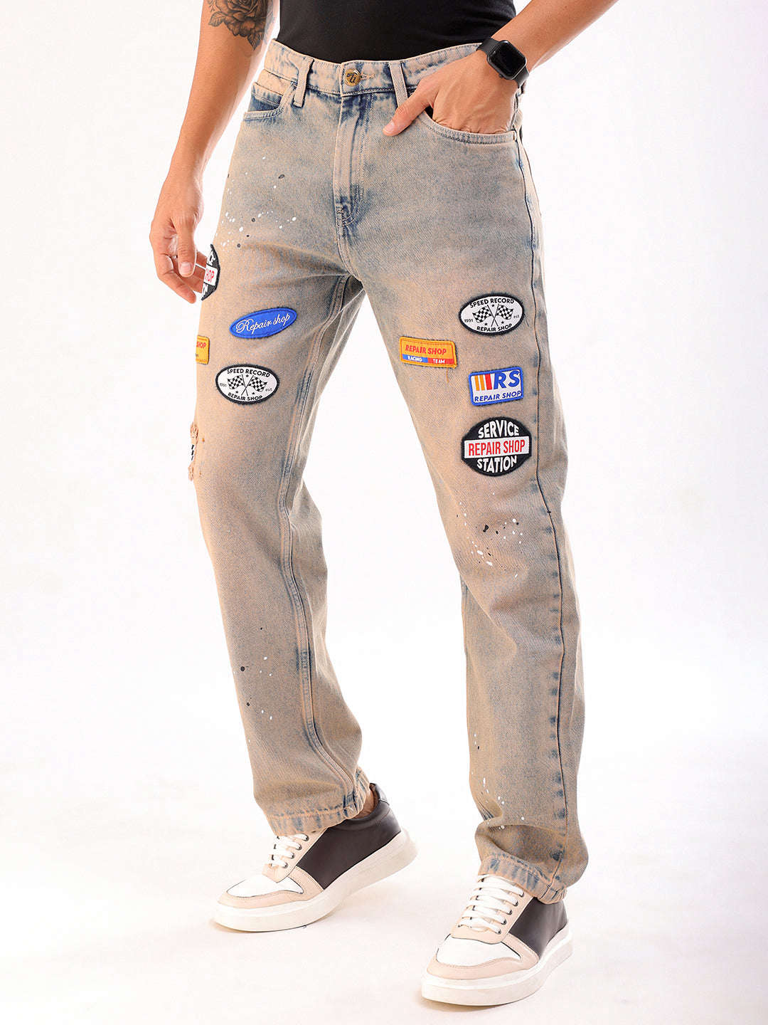Men's Mud Blue Regular Fit Paint Splash Vintage Jeans - Image 3