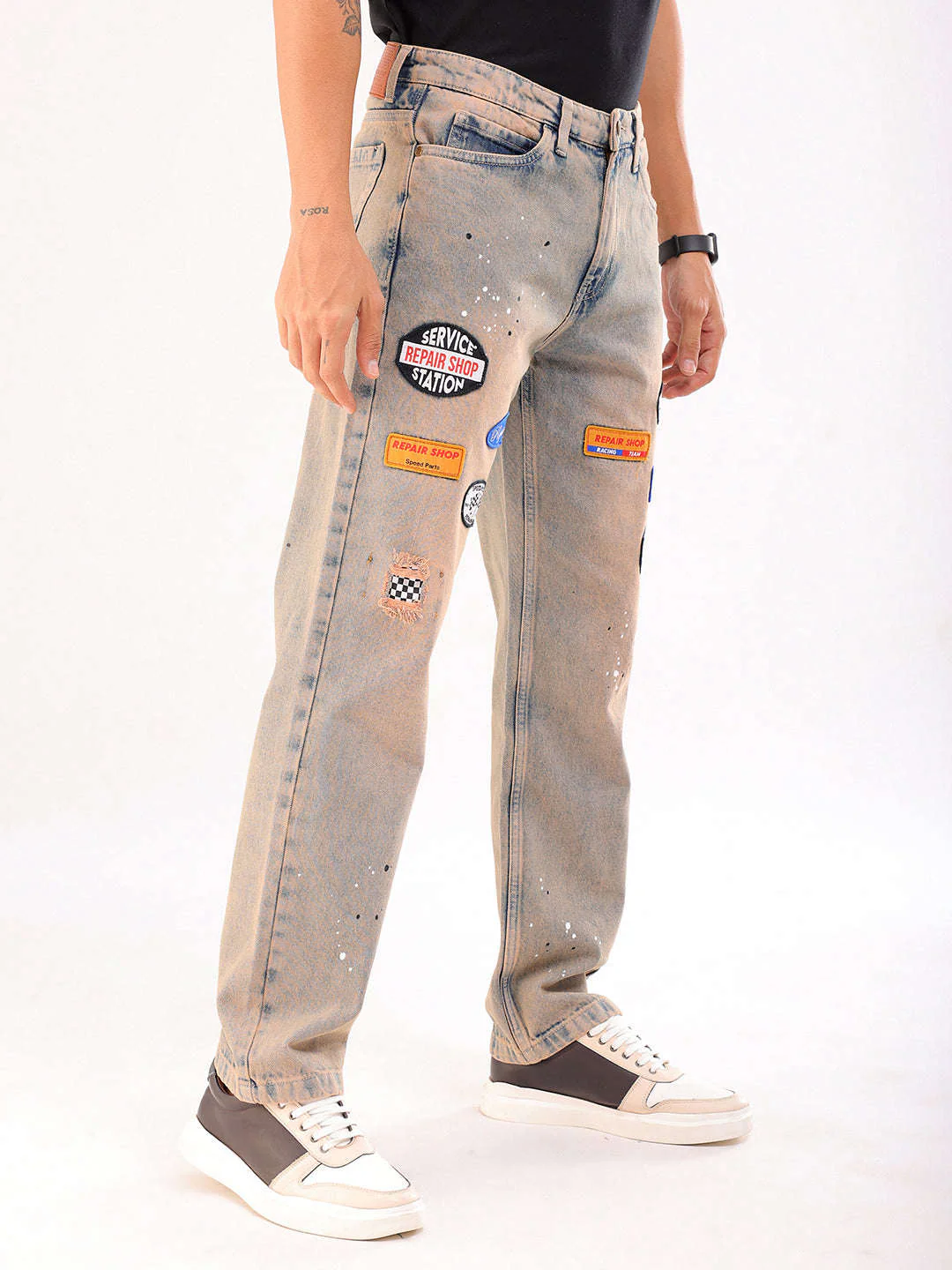 Men's Mud Blue Regular Fit Paint Splash Vintage Jeans - Image 4