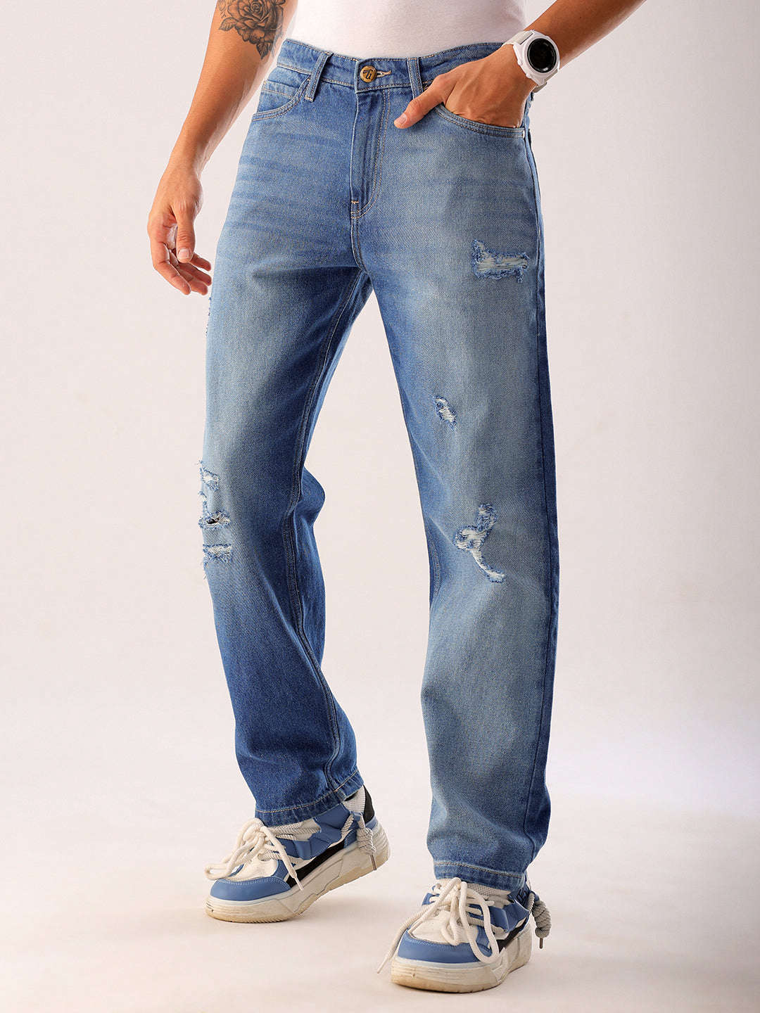 Men's Blue Regular Fit Solid Street Wear Jeans - Image 4
