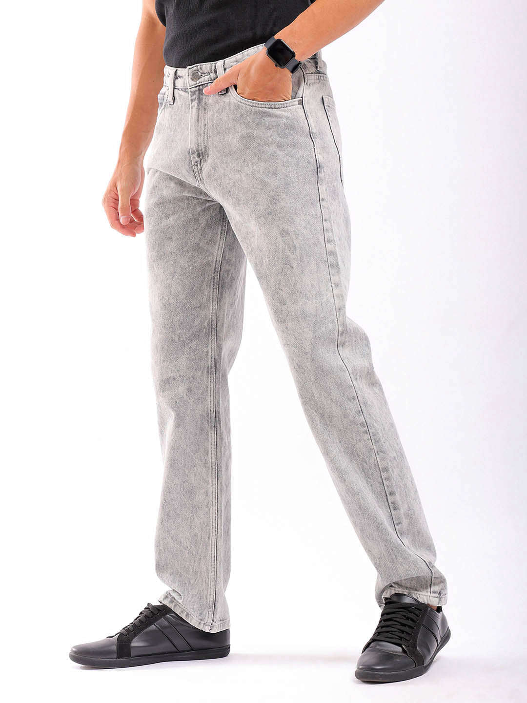 Men's Light Grey Regular Fit Solid Casual Jeans - Image 2