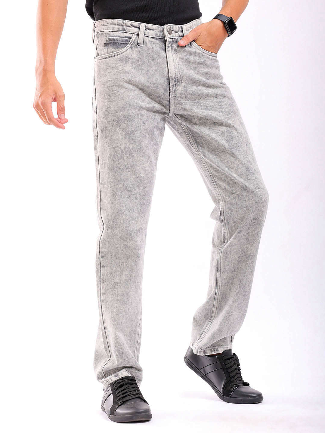 Men's Light Grey Regular Fit Solid Casual Jeans - Image 3