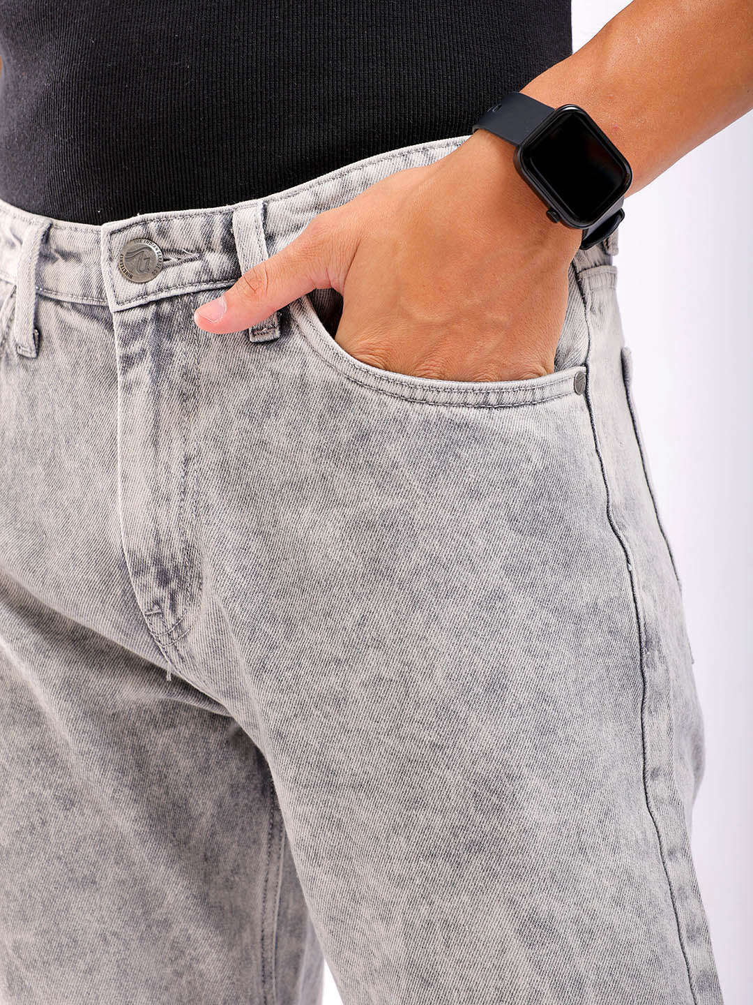Men's Light Grey Regular Fit Solid Casual Jeans - Image 7