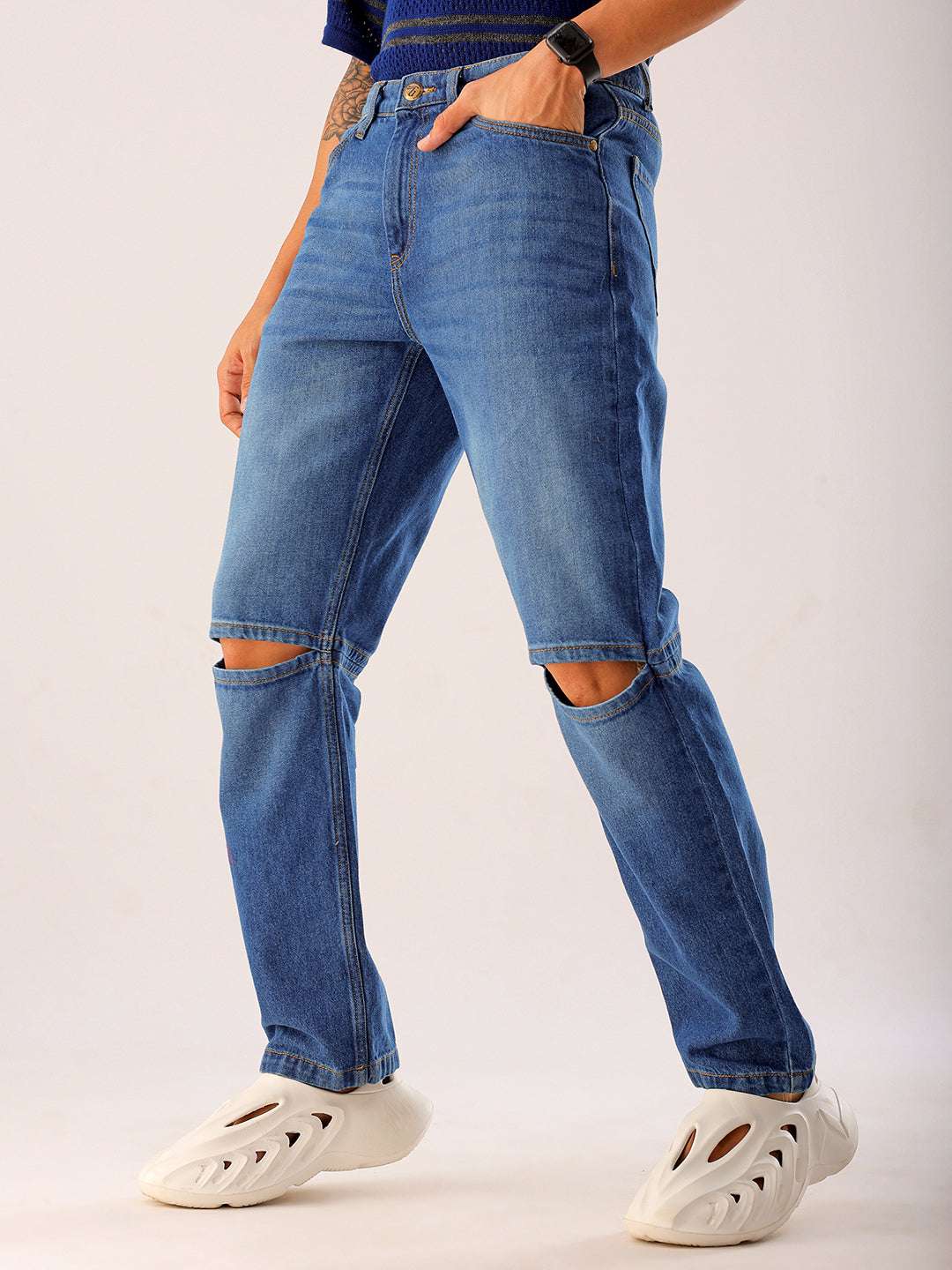 Men's Blue Regular Fit Solid Casual Jeans - Image 4