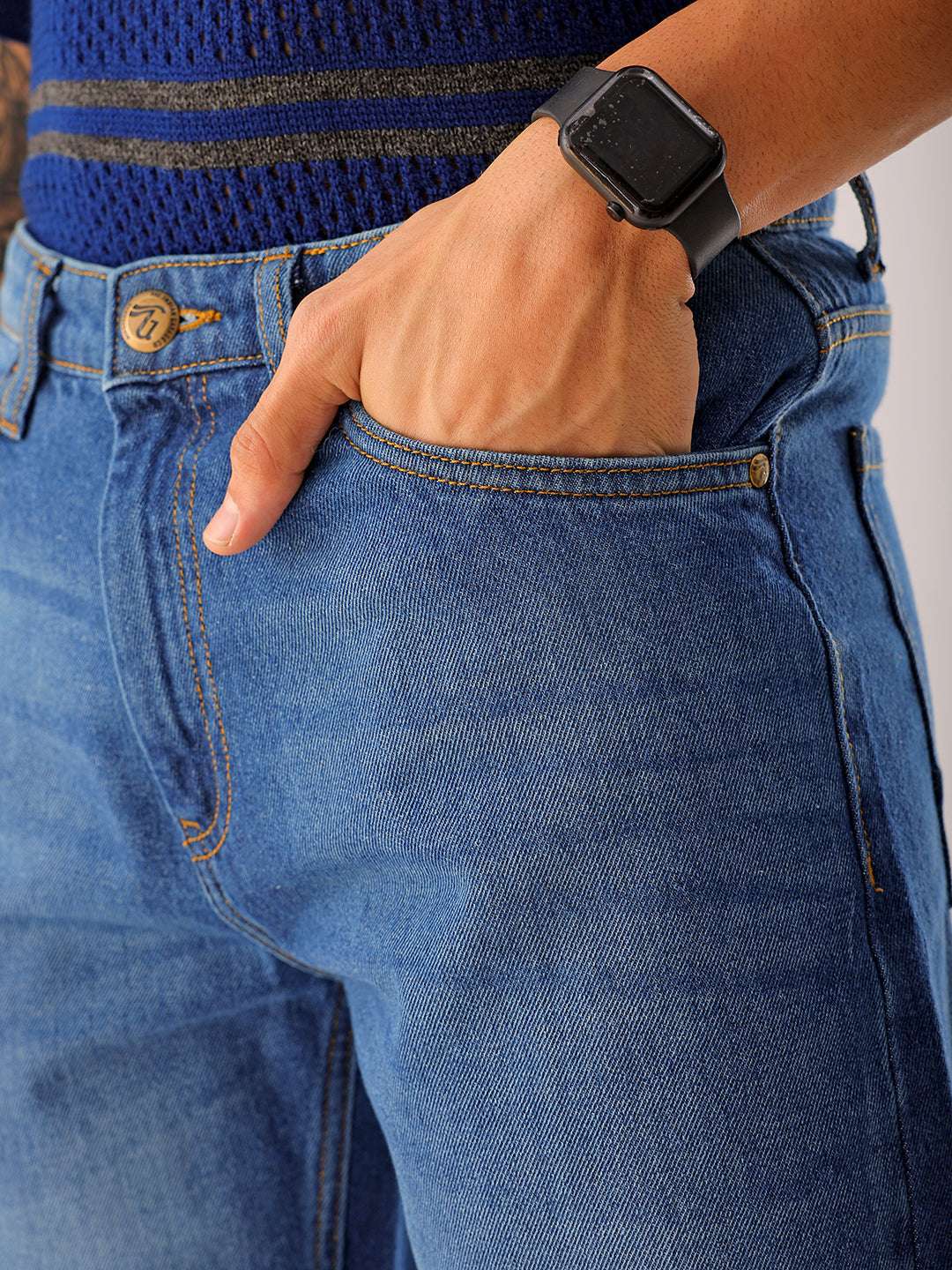 Men's Blue Regular Fit Solid Casual Jeans - Image 8