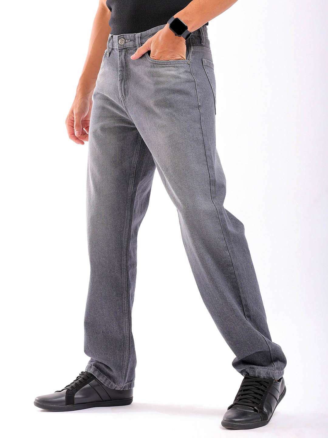 Men's Grey Regular Fit Solid Casual Jeans - Image 4