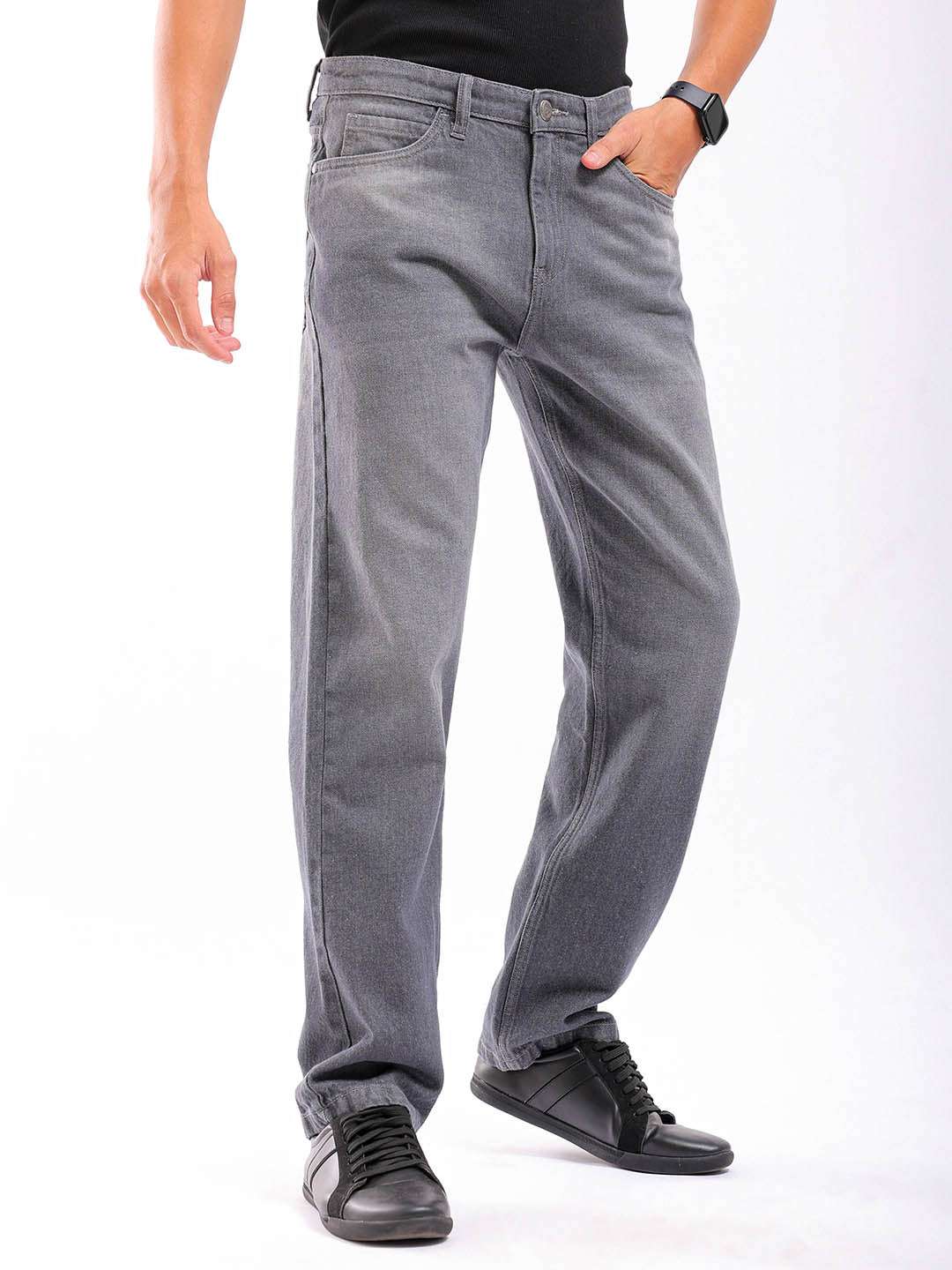Men's Grey Regular Fit Solid Casual Jeans - Image 5