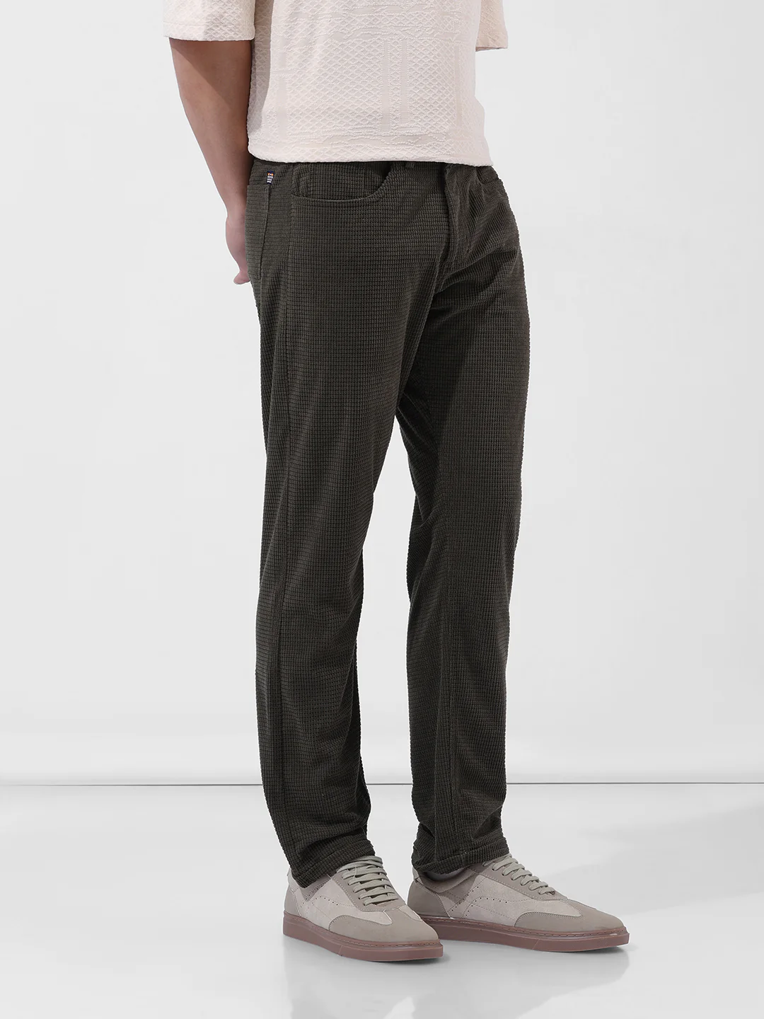 Men's Dark Olive Straight Fit Textured Casual Trouser - Image 3