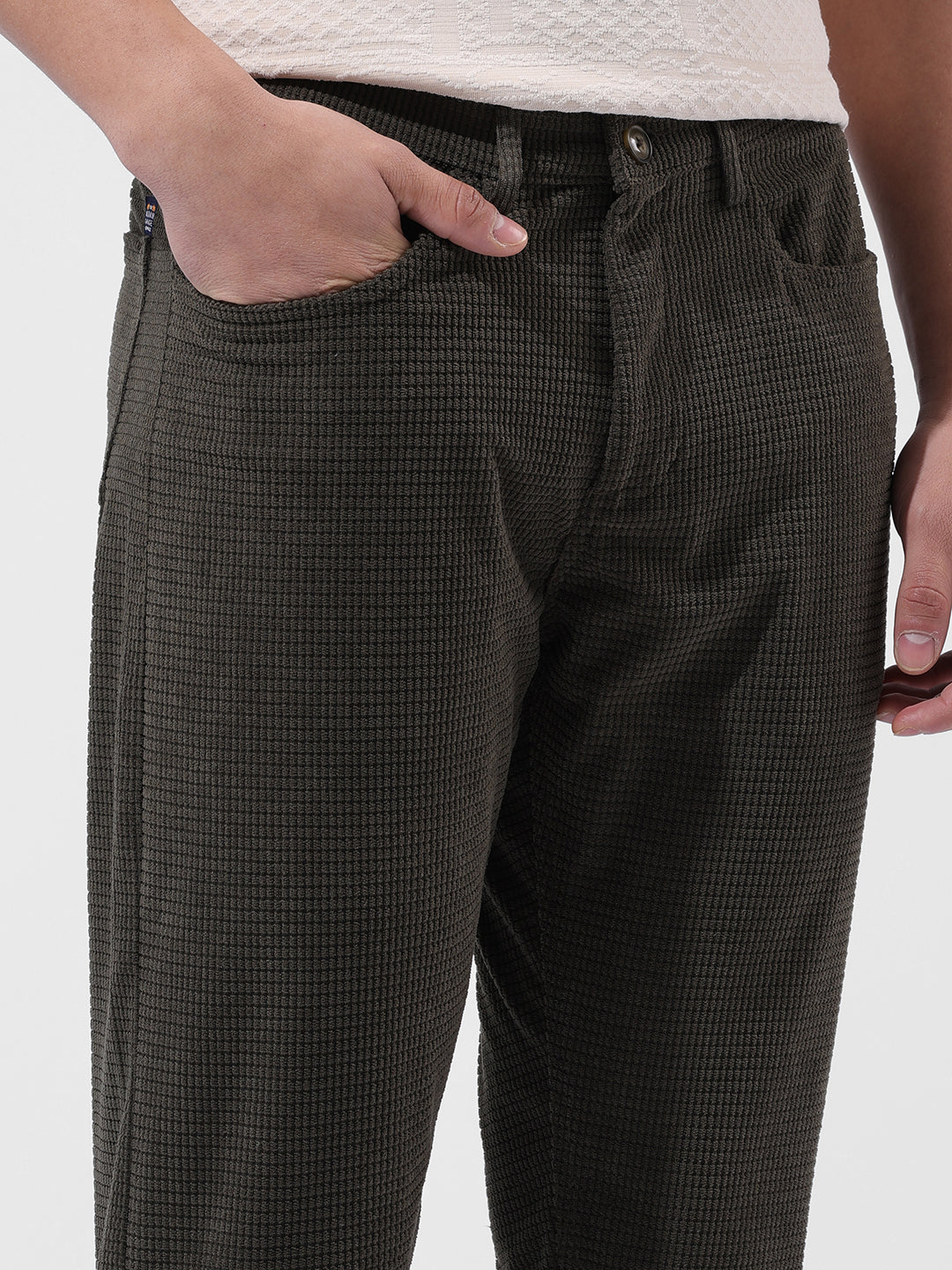 Men's Dark Olive Straight Fit Textured Casual Trouser - Image 5