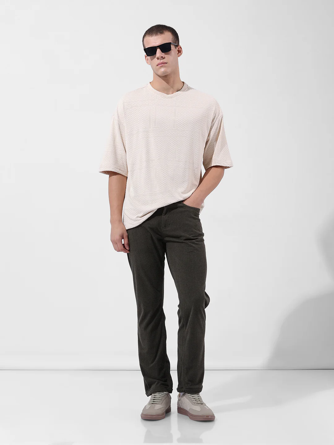 Men's Dark Olive Straight Fit Textured Casual Trouser - Image 6
