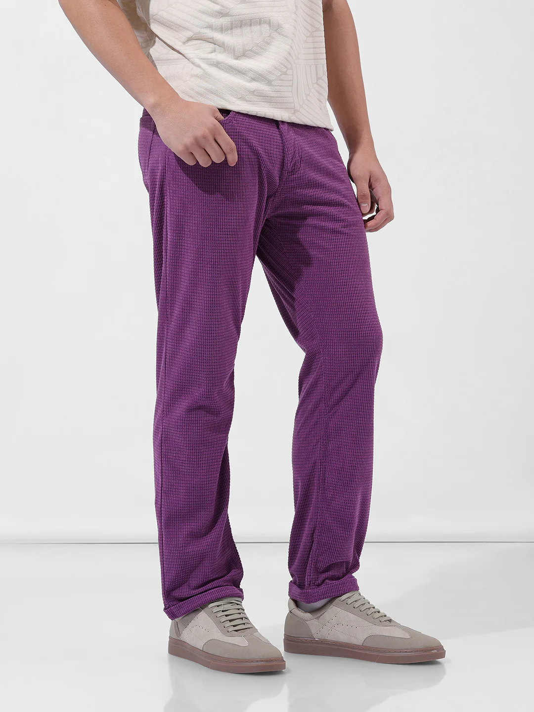 Men's Dusty Grape Straight Fit Textured Casual Trouser - Image 3