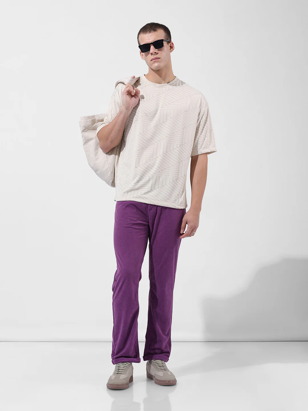 Men's Dusty Grape Straight Fit Textured Casual Trouser - Image 6