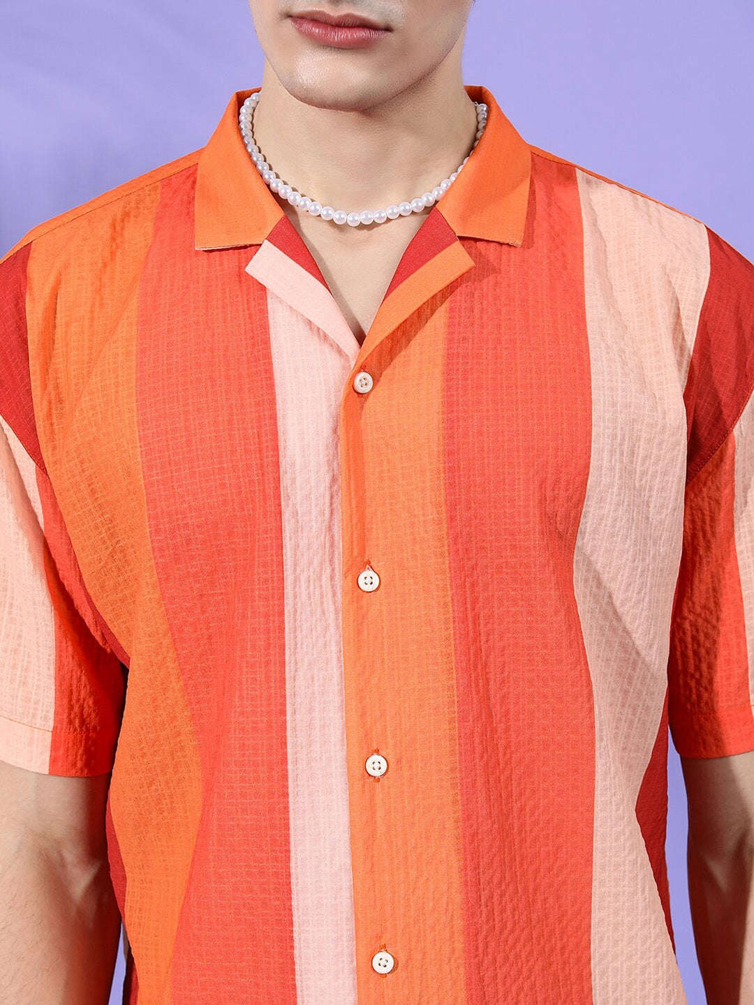 Men's Orange Relaxed Fit Striped Casual Shirt - Image 3