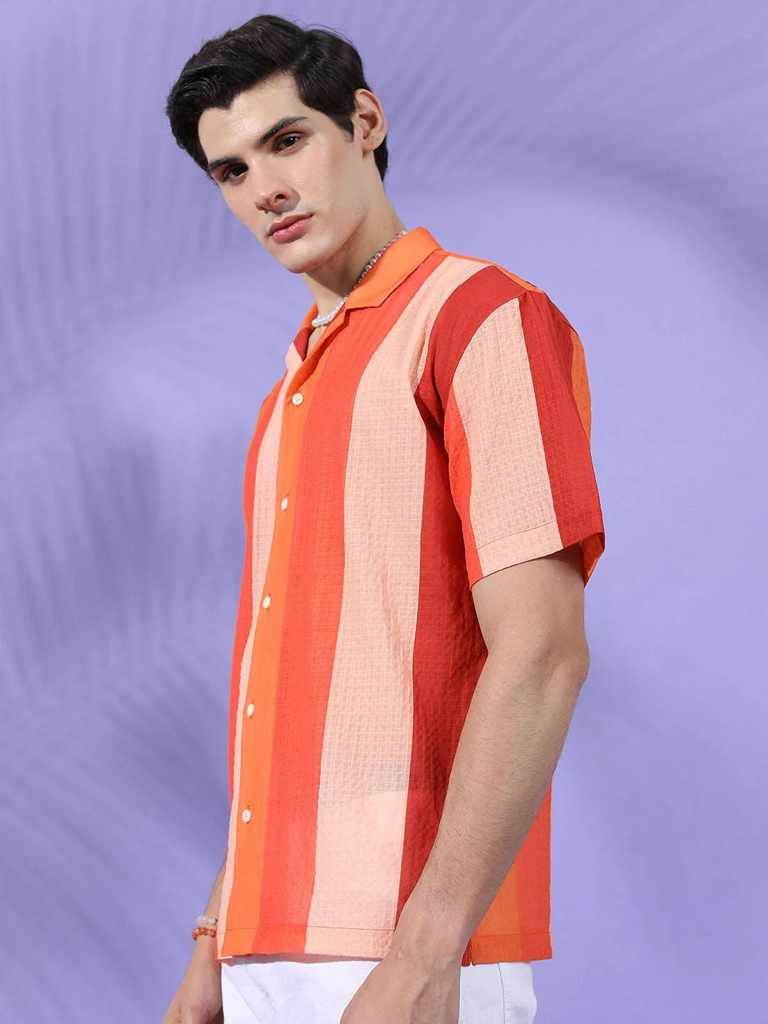 Men's Orange Relaxed Fit Striped Casual Shirt - Image 4