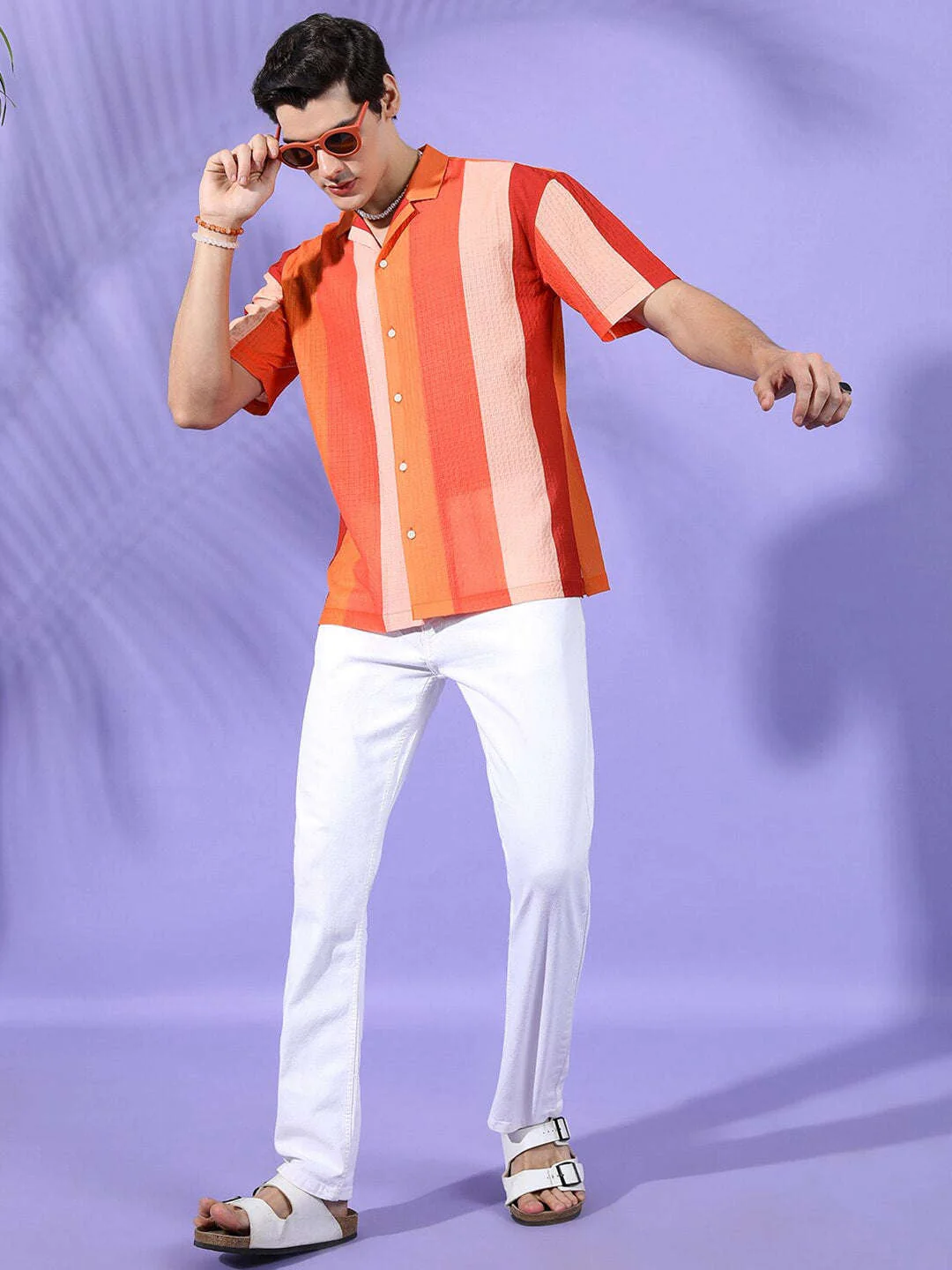 Men's Orange Relaxed Fit Striped Casual Shirt - Image 5