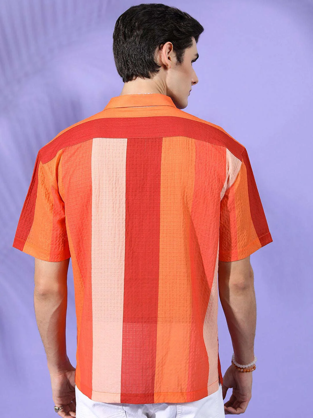Men's Orange Relaxed Fit Striped Casual Shirt - Image 6