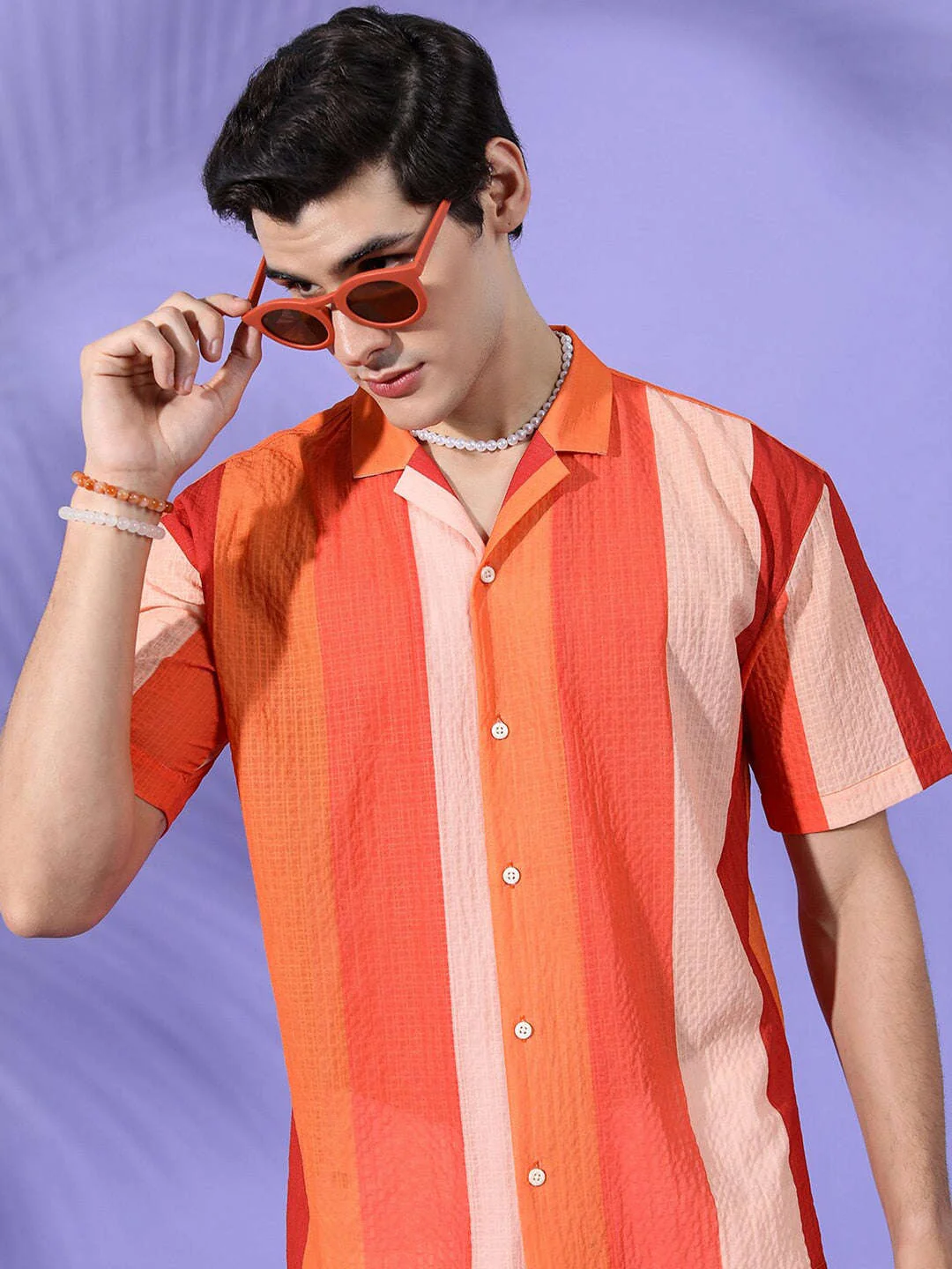 Men's Orange Relaxed Fit Striped Casual Shirt - Image 7
