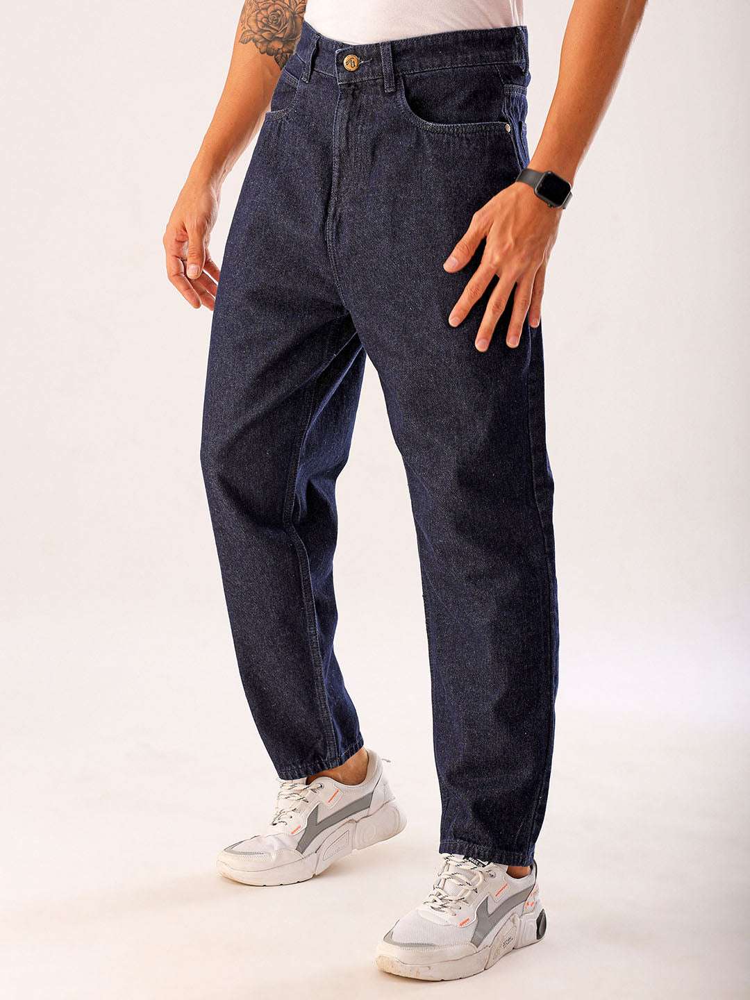 Men's Dark Blue Loose Fit Solid Casual Jeans - Image 4