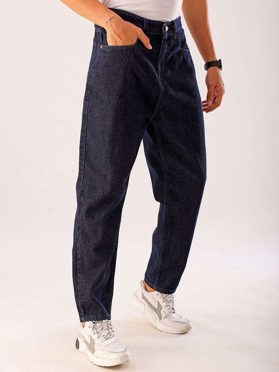 Men's Dark Blue Loose Fit Solid Casual Jeans - Image 5