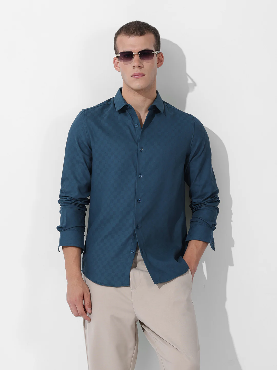 Men's Blue Slim Fit Textured Party Wear Shirt - Image 2