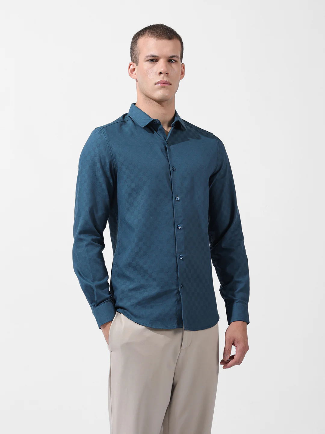 Men's Blue Slim Fit Textured Party Wear Shirt - Image 5