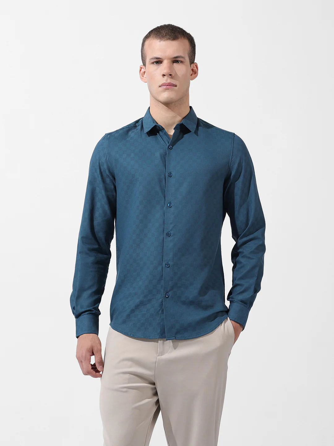 Men's Blue Slim Fit Textured Party Wear Shirt - Image 8