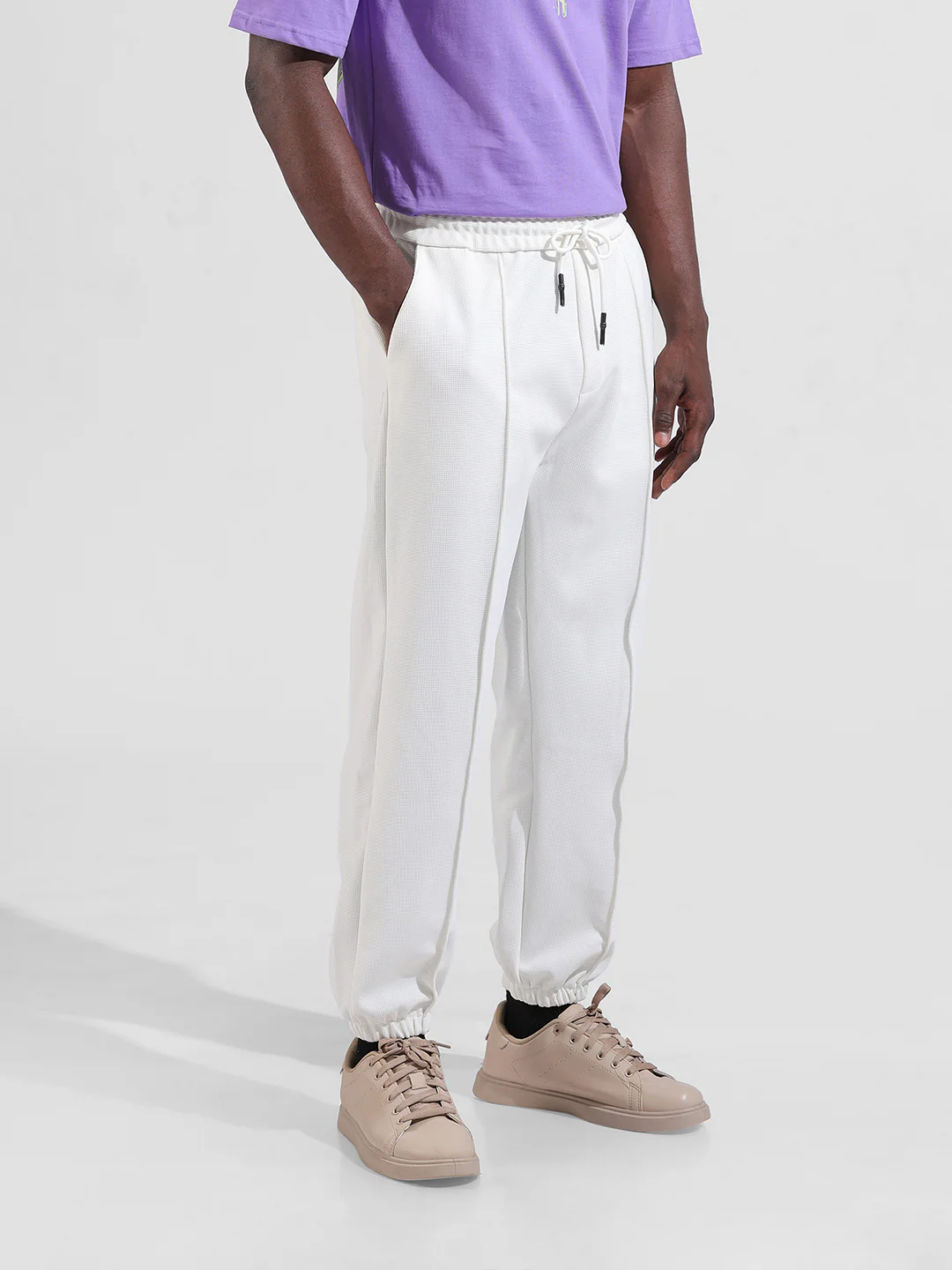 Men's White Loose Fit Textured Athletic  Jogger - Image 2
