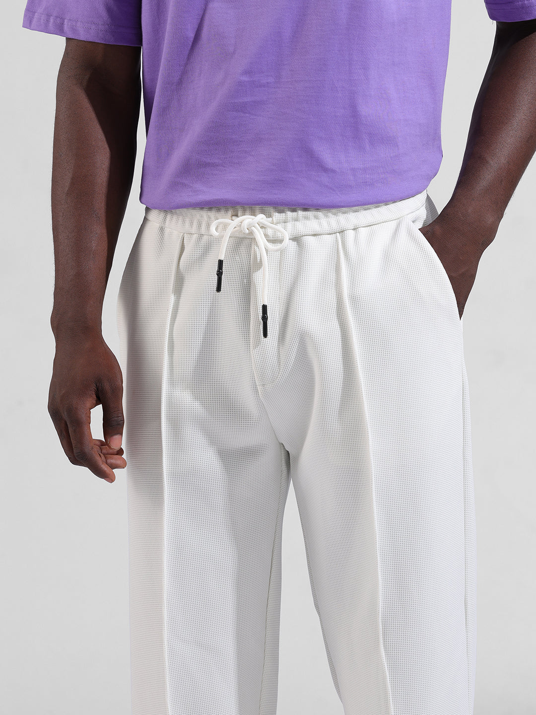 Men's White Loose Fit Textured Athletic  Jogger - Image 4