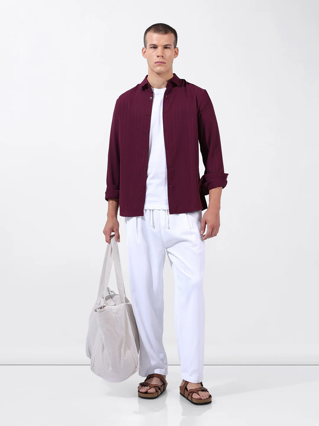 Men's White Loose Fit Solid Resort Wear Trouser - Image 3