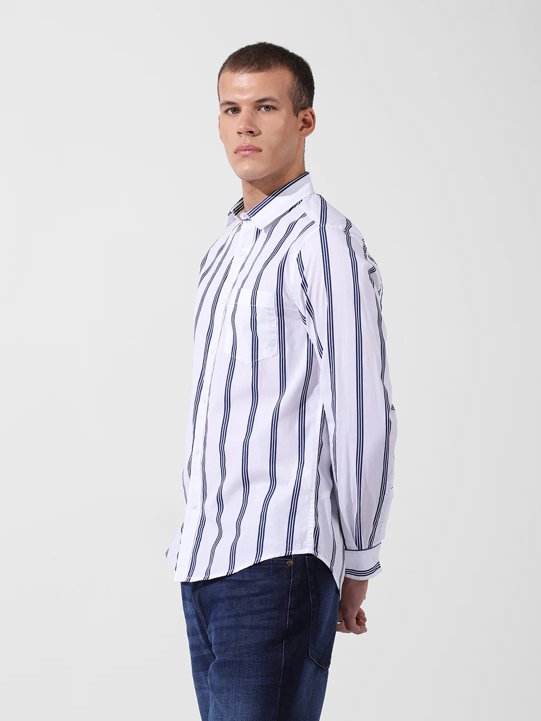 Men's White Regular Fit Striped Casual Shirt - Image 2