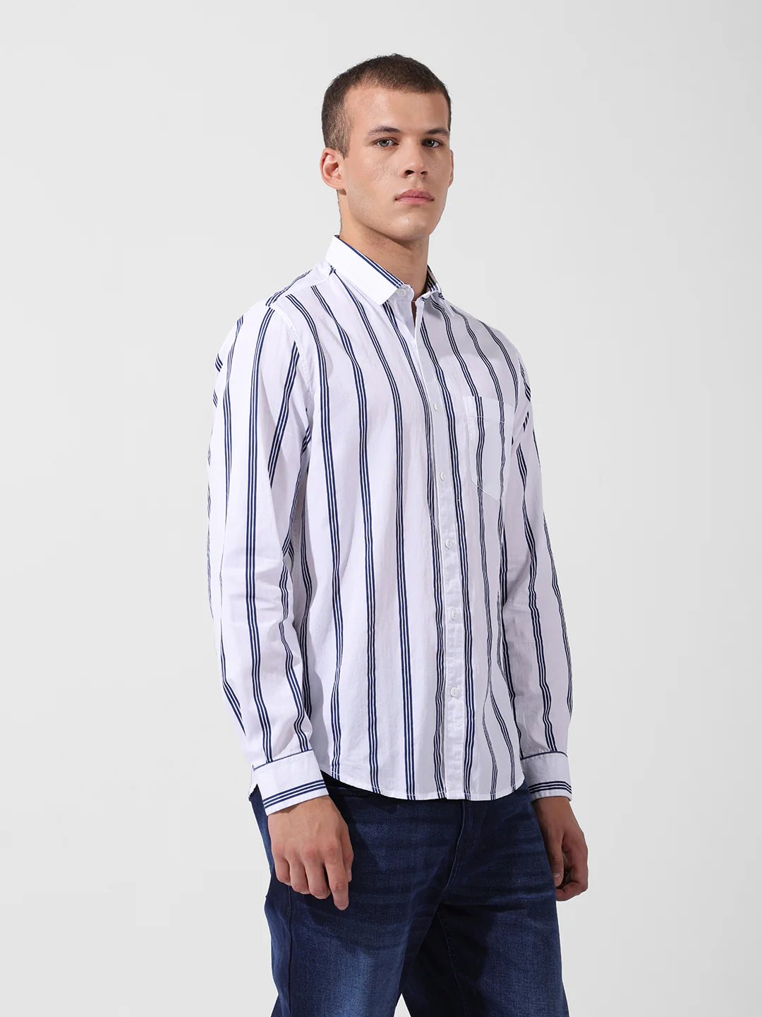 Men's White Regular Fit Striped Casual Shirt - Image 4