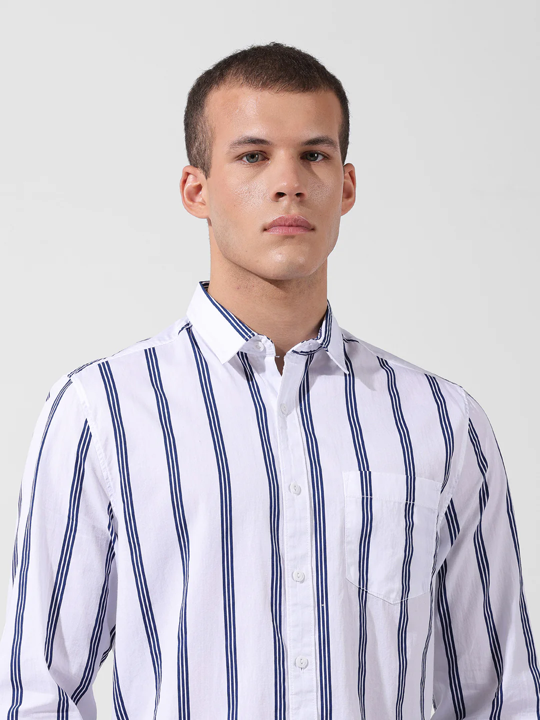 Men's White Regular Fit Striped Casual Shirt - Image 6