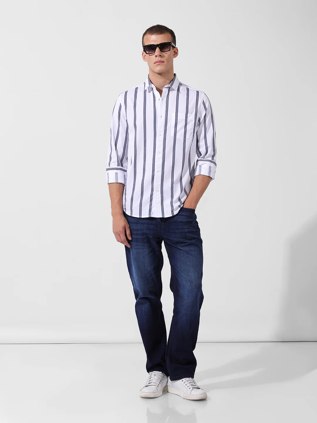 Men's White Regular Fit Striped Casual Shirt - Image 8