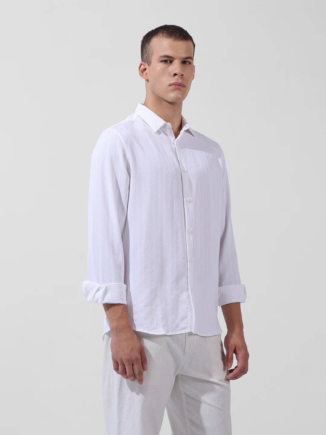 Men's White Regular Fit Textured Resort Wear Shirt - Image 4
