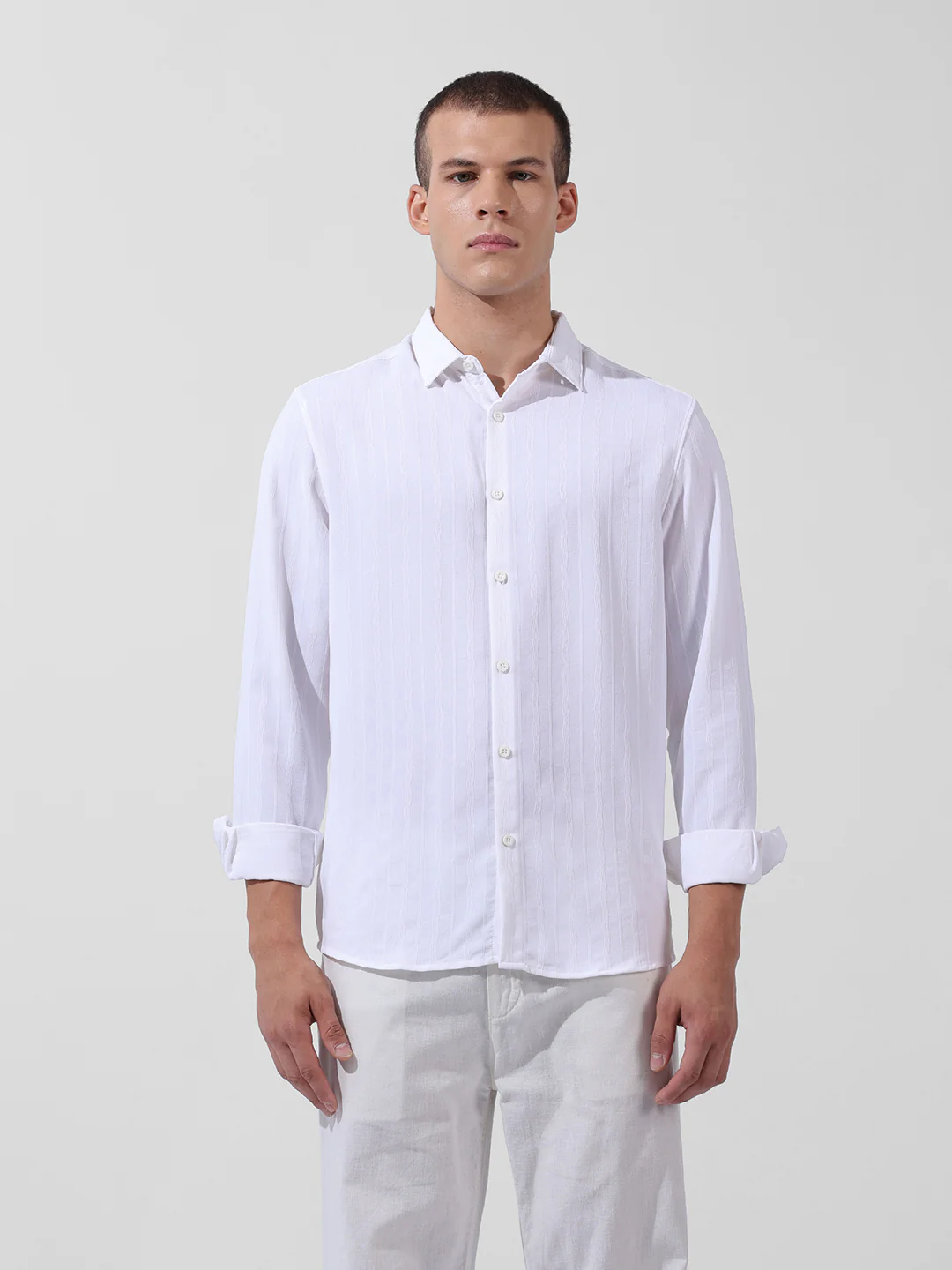 Men's White Regular Fit Textured Resort Wear Shirt - Image 7