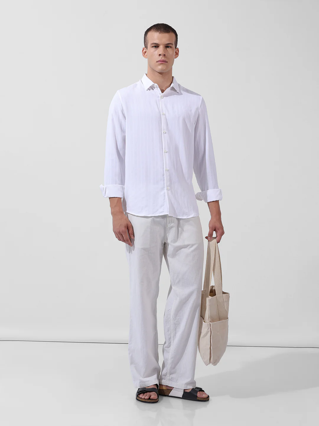 Men's White Regular Fit Textured Resort Wear Shirt - Image 8