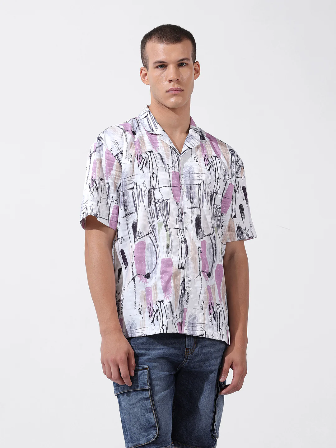 Men's White Relaxed Fit Printed Resort Wear Shirt - Image 3