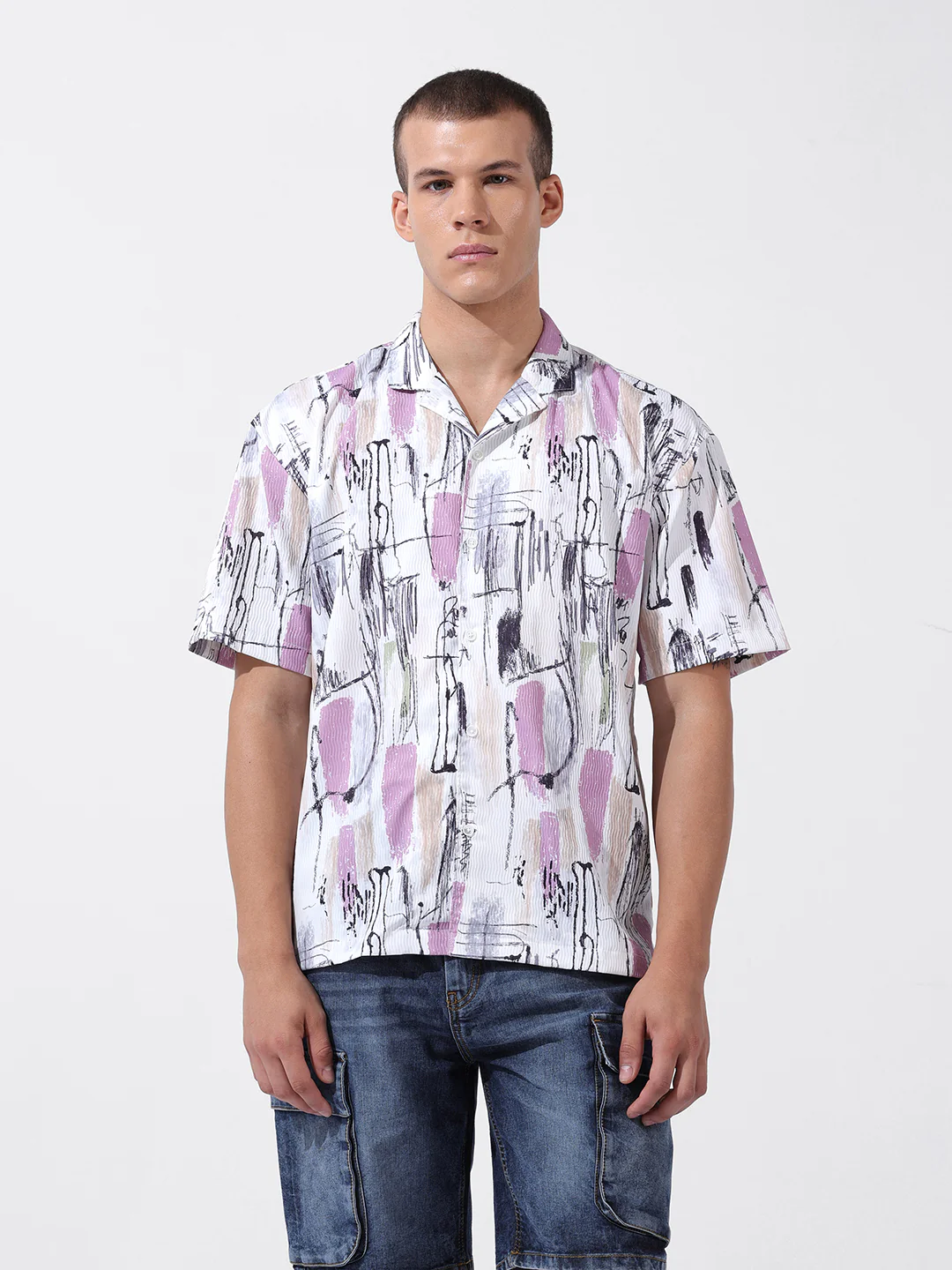 Men's White Relaxed Fit Printed Resort Wear Shirt - Image 7