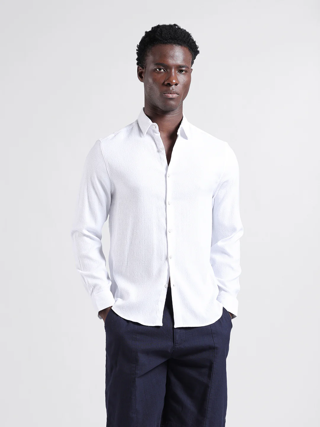 Men's White Slim Fit Textured Resort Wear Shirt - Image 7