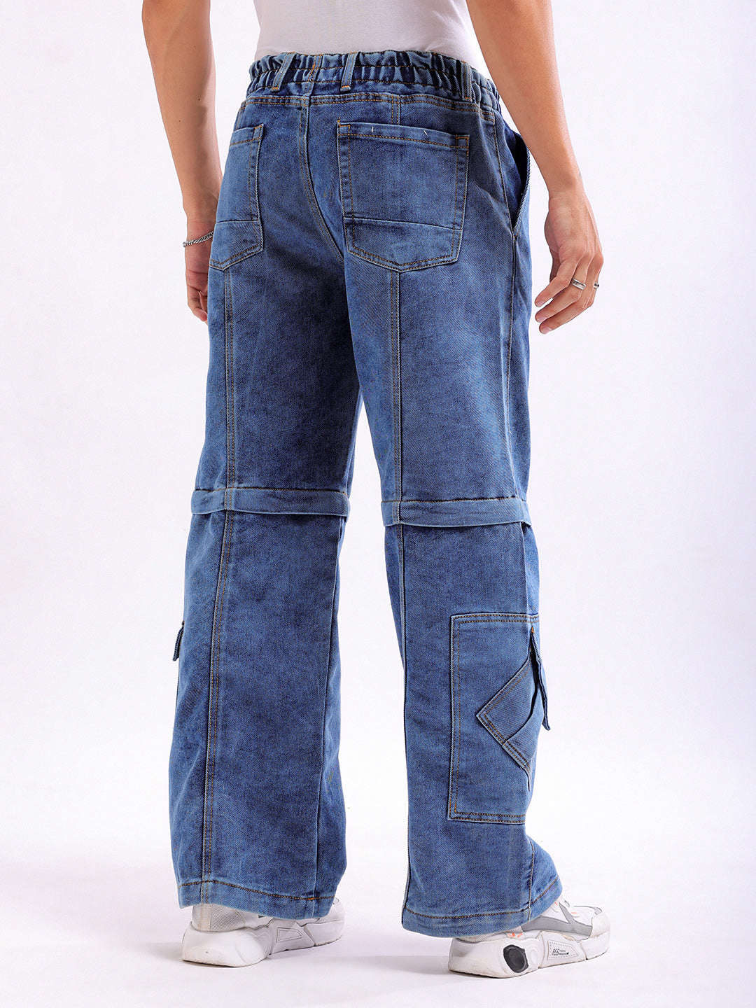 Men's Blue Wide Leg Fit Solid Utility Jeans - Image 3
