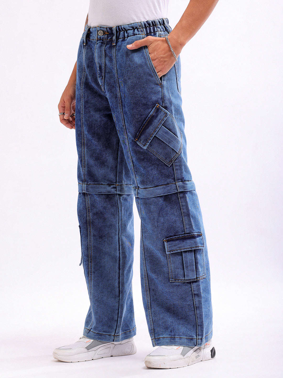 Men's Blue Wide Leg Fit Solid Utility Jeans - Image 4